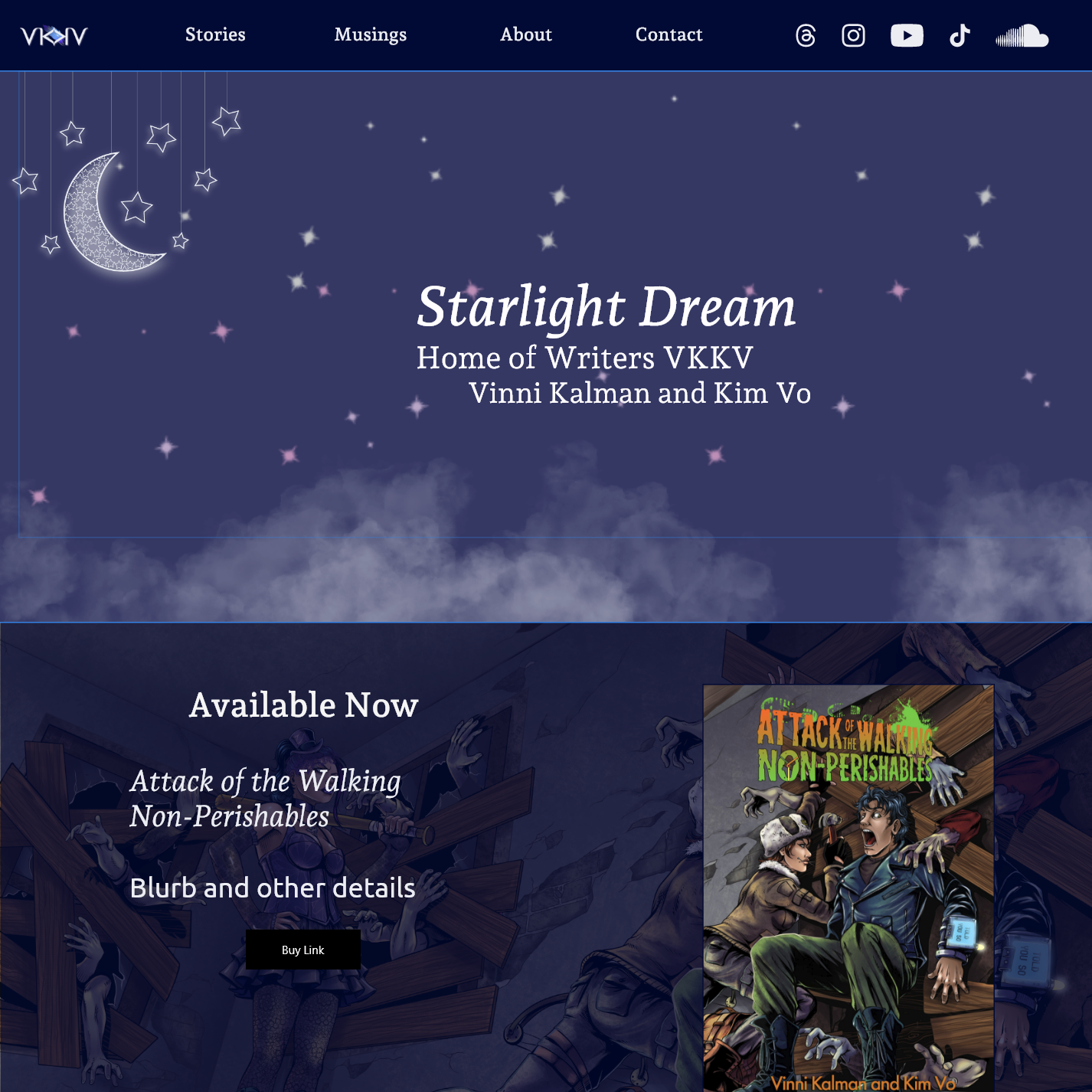 A screenshot of a purple, navy, and white night sky themed website with the title Starlight Dream, designed for Creators VKKV